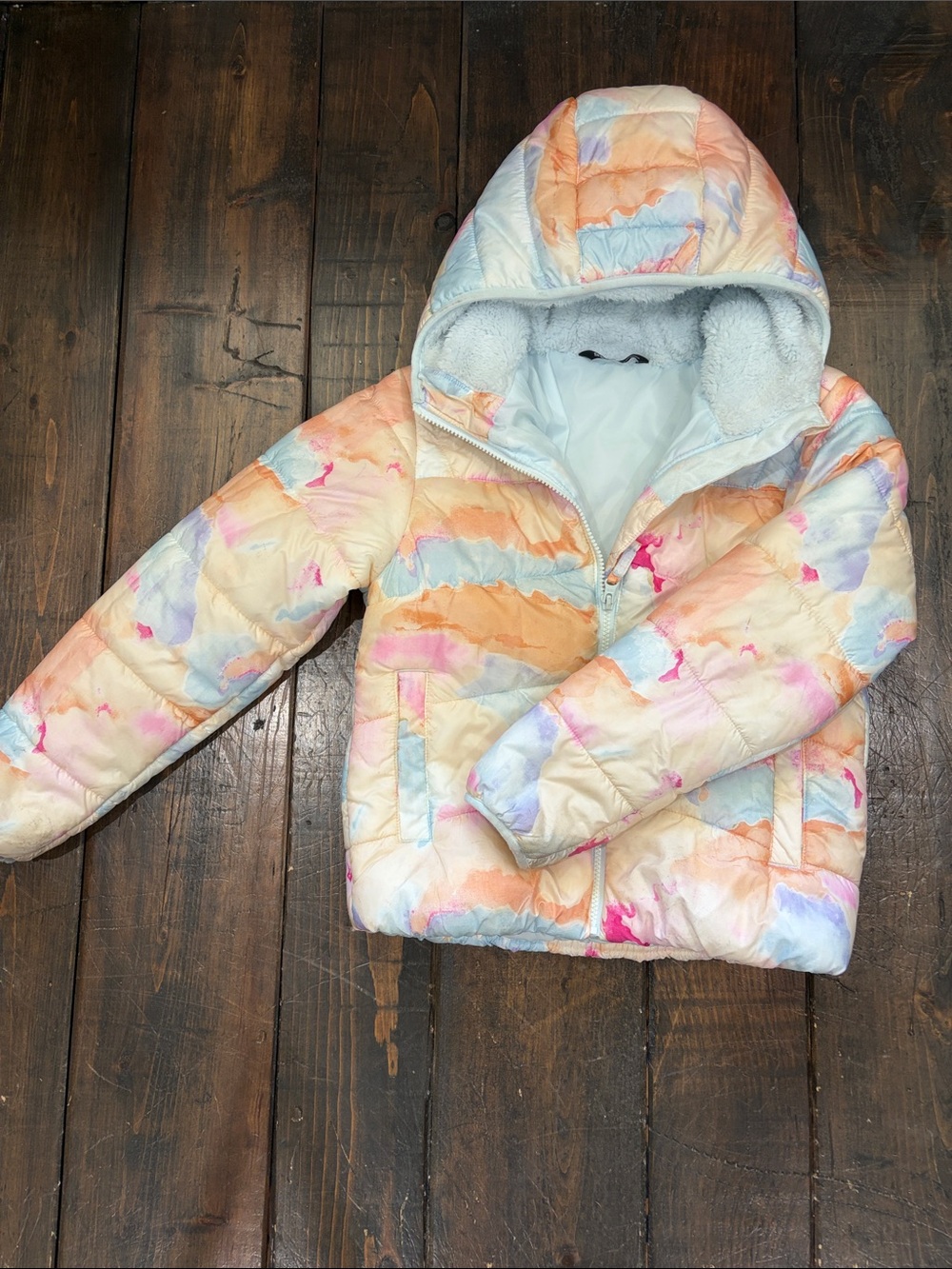 DSG Kids Multicolor Pastel Watercolor Hooded Puffer Jacket